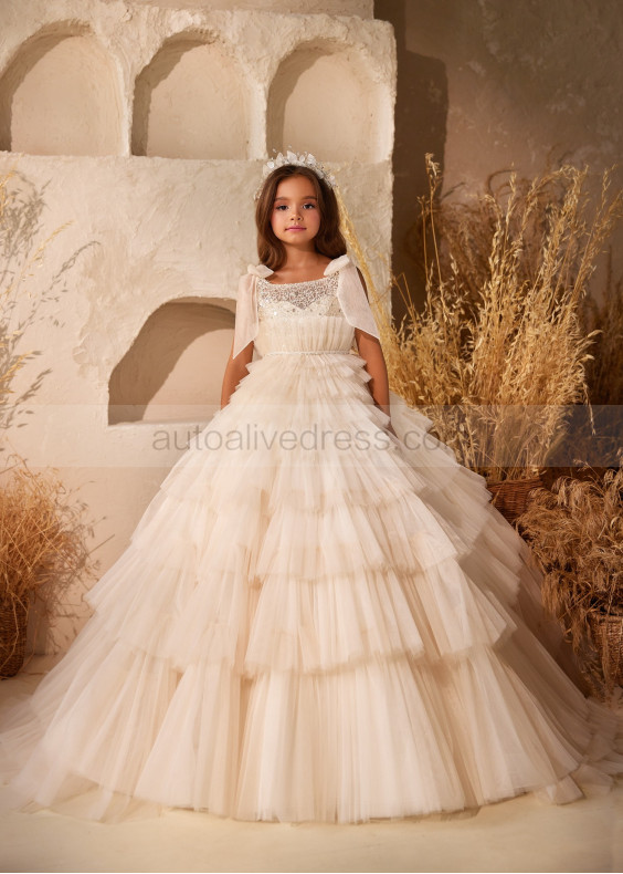 Beaded Lace Tulle Ruffled Flower Girl Dress